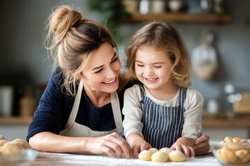Obraz premium Happy young mother and daughter baking cookies together in a modern home kitchen, flour on the table, joyful laughter, authentic family bonding moment