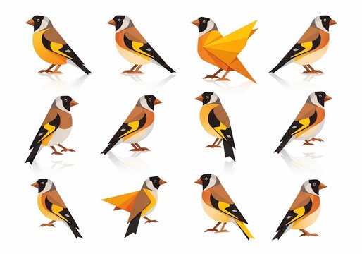 Vector Collection: Small Songbirds with Colorful Plumage, Stylized Graphics, Isolated on White Background
