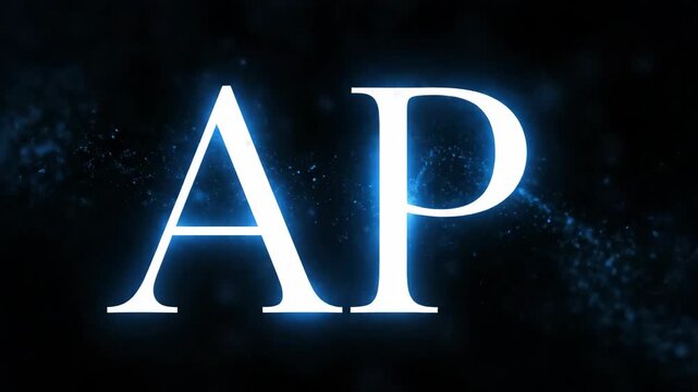 Glowing blue alphabet monogram AP letters on a dark background with particle effects for branding and identity.