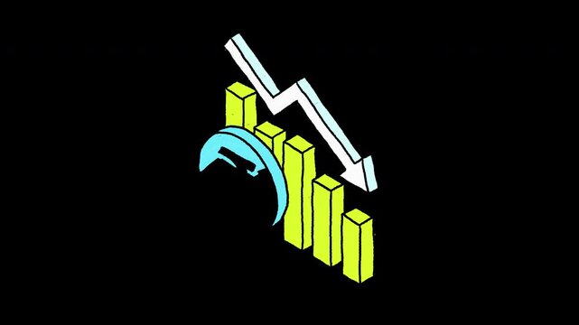 Isometric Indian rupee coin with descending bar chart and downward arrow doodle 4k animated video, alpha transparent video