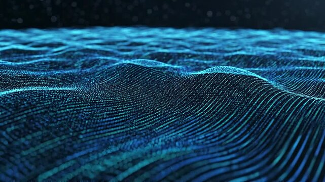 Abstract digital wave of blue glowing particles representing big data and network technology.