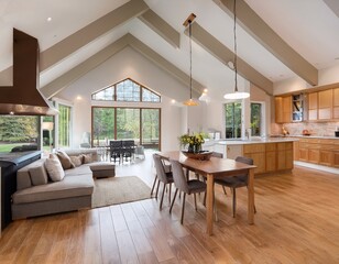 Fototapeta premium beautiful living room interior in new luxury home with view of kitchen home interior with hardwood floors and open floor plan showing dining room kitchen and living room has high vaulted ceilings