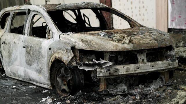 Burned out car wreck abandoned on city street. Destroyed vehicle after fire accident. Vehicle hulk as result of war conflict or arson. Urban catastrophe and property damage concept.