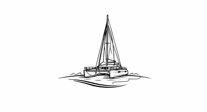 A line art drawing of a white catamaran sailboat on calm blue waters