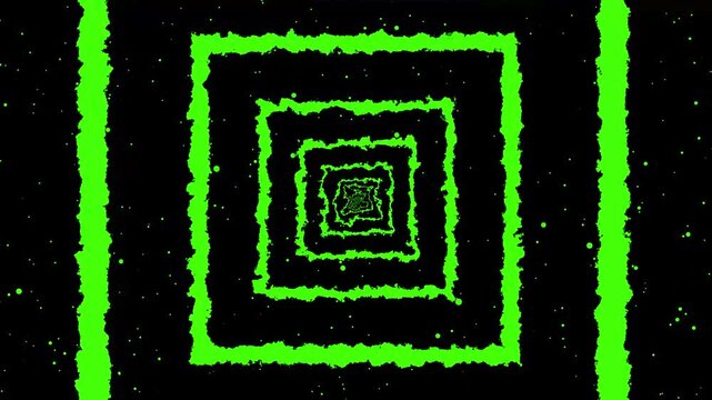 Abstract neon green squares receding into a dark void with scattered glowing particles creating a tunnel effect and a sense of infinite depth