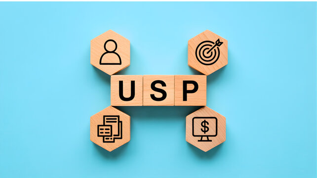 USP acronym on wooden blocks surrounded by business icons