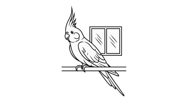 A stylized line drawing shows a cockatiel perched on a bar with a window behind