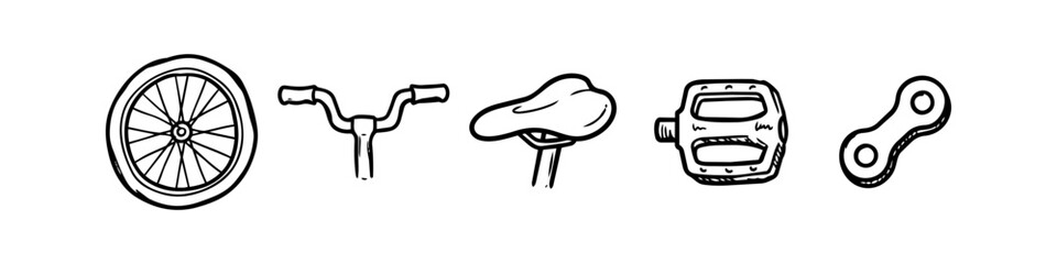 Fototapeta premium Set of hand-drawn bicycle parts icons including wheel, handlebars, saddle, pedal, and chain link. Minimalist black line art on white background for cycling repair and maintenance themes.