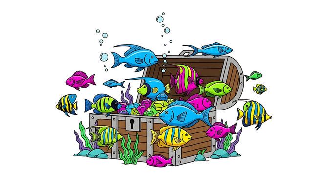 A colorful vector illustration of a treasure chest overflowing with vibrant fish and jewels underwater