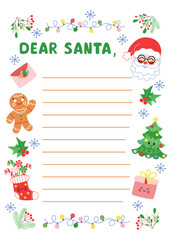 Fototapeta premium Christmas letter to Santa Claus template with festive illustrations. Colorful holiday wishlist for kids with Santa and gingerbread.