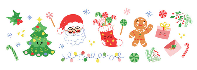 Naklejka premium Festive Christmas holiday illustration set with Santa and gingerbread. Cute cartoon characters and decorations for winter season.