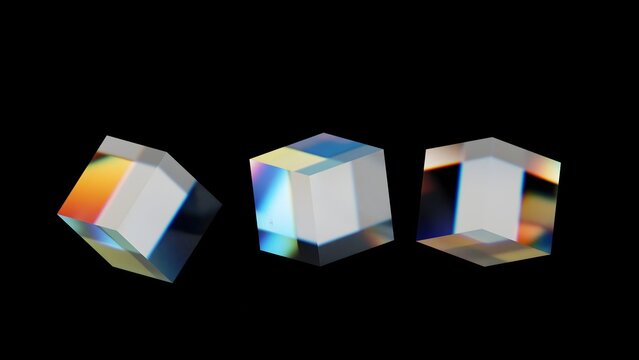Optical Dispersion Glass Cube 3D Render,Iridescent Transparent Cube Prism Set  