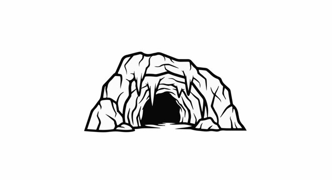 Stylized black and white drawing of a cave entrance with sharp rock formations