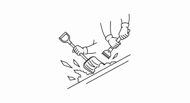 Hands with shovel and chisel clearing ice and snow from a surface