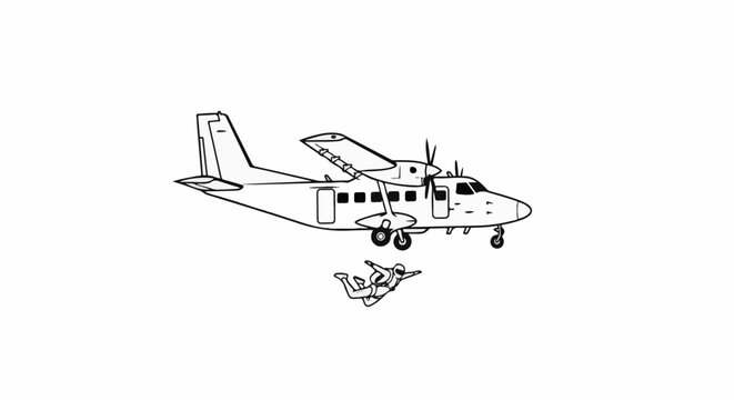 Line drawing of a twin-engine airplane with a skydiver in freefall below