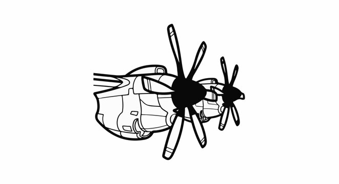 Detailed line drawing of twin-engine aircraft propellers and fuselage