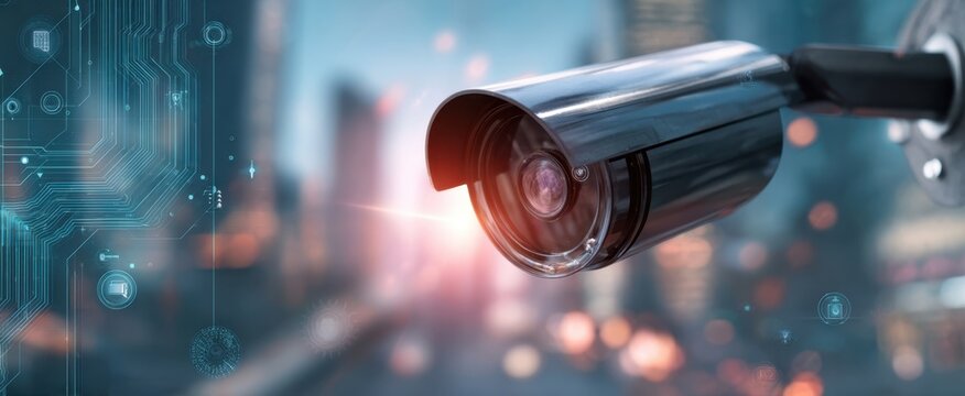 The Surveillance Camera Monitoring Urban Street with Cybersecurity Circuit Overlay and Bokeh Lights
