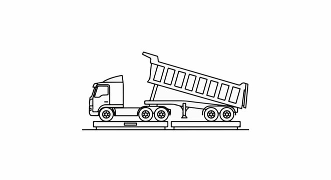 Outline of a dump truck with its bed raised, parked on weighing scales