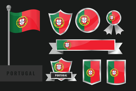 Professional set of Portugal national flag emblems. Includes shields, badges, and icons in green and red with the coat of arms. Ideal for European and patriotic designs.