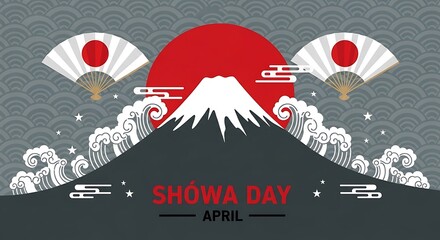 Showa Day April celebration banner, Mount Fuji with red sun and ocean waves, traditional Japanese art style background with folding fans