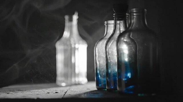 Mysterious smoky scene featuring transparent glass bottles with hints of blue on a rustic wooden surface.