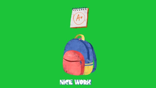 school backpack with good grade note nice work message education success concept colorful animation green background