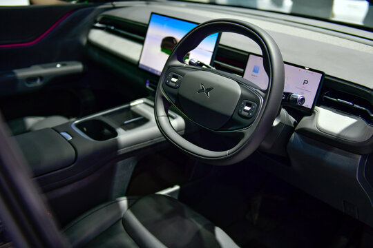 Thailand-March 26,2026: Interior of XPENG G6 Ultra-Smart Electric SUV with Minimalist Dashboard and Large Touchscreen at the 47 Bangkok International Motor Show 