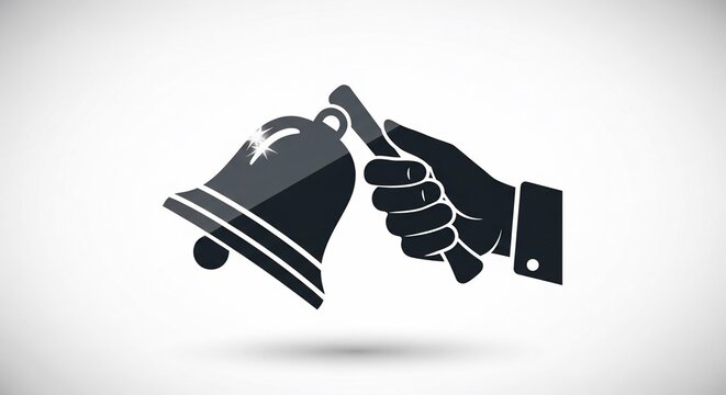 Hand ringing a bell icon, alert notification symbol, service call, help request, announcement.