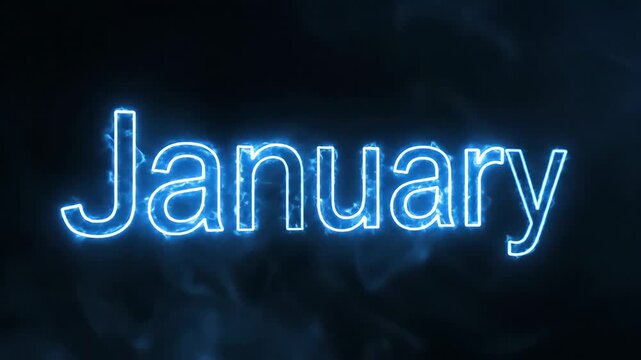 The word January written in glowing blue neon text with smoke and energy effects on a dark background.