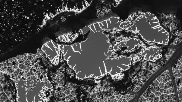 Black and white close-up of a decaying leaf with intricate network and sunlight peeking through