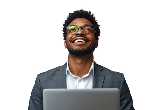 Happy black businessman generating new ideas, looking up with a laptop, smiling, showing success and inspiration