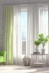 Fototapeta premium professional 3D render illustration of a modern living space. The focal point is a green velvet seat on a circular textured rug. A ZZ plant and minimalist books decorate a side table. The sheer 