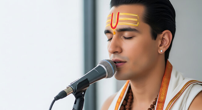 Spiritual man with traditional religious tilak on forehead singing into a professional microphone with closed eyes in studio. Realistic portrait photography with soft lighting and devotional mood...