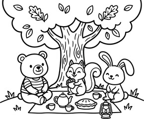 Fototapeta premium Black and white line art picnic with bear squirrel and rabbit under tree