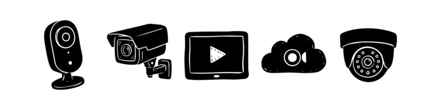 Hand-drawn set of security surveillance camera icons including dome camera, bullet camera, web camera, cloud storage, and video playback tablet. Black doodle illustrations on white background.