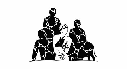 Obraz premium Stylized figures and animals in abstract pattern on white background