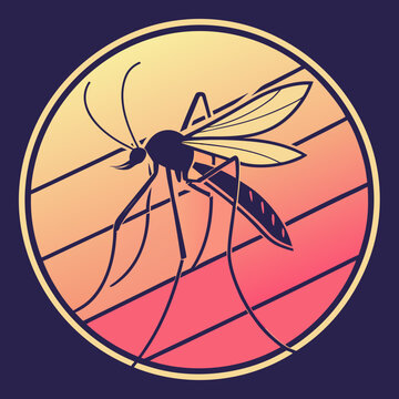 Retro sunset mosquito silhouette vector illustration featuring striped background with warm yellow orange and pink color palette for vintage style.