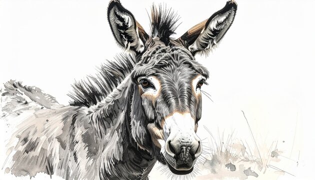 Captivating Donkey Portrait - A Detailed Watercolor Painting on White Background.