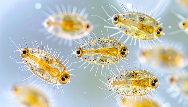 Microscopic Paramecia Organisms with Vibrating Cilia Displaying Internal Structures in Aquatic Environment