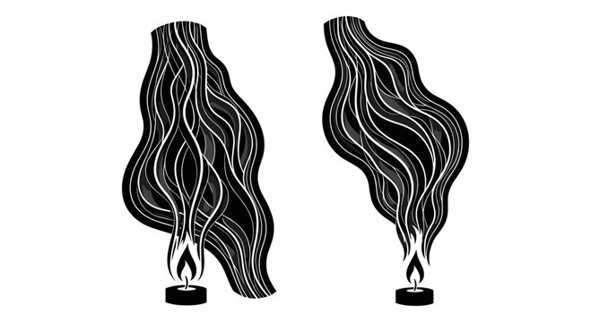 Elegant black and white artistic depictions of flickering candle flames with flowing drapery Vector, illustration