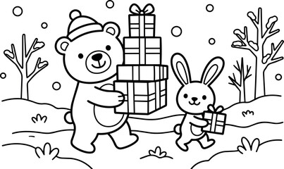Fototapeta premium Cute bear with hat and rabbit carrying stacked gift boxes winter scene line art