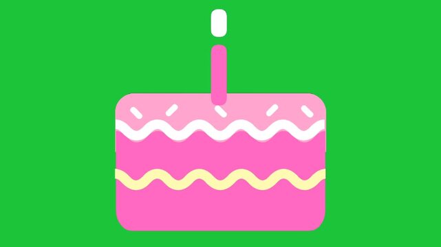 pink birthday cake with candle on green background simple flat design festive celebration animation