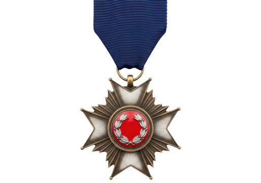 Bronze star medal with red center and blue ribbon isolated on transparent background