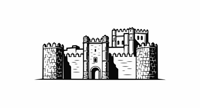 A detailed black and white illustration of a medieval castle with turrets and a large gate