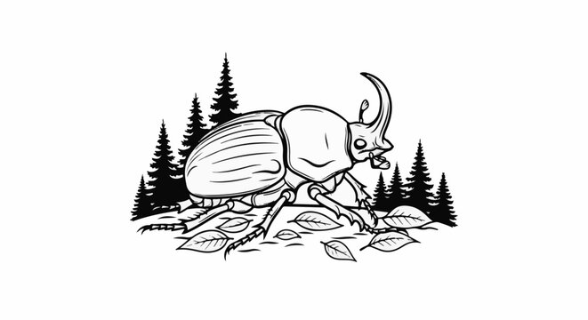 A detailed black and white illustration of a rhinoceros beetle amidst pine trees and fallen leaves