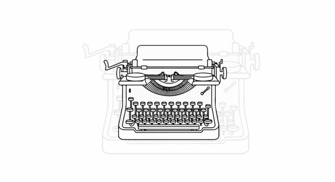 A detailed black and white line drawing of a vintage typewriter on a white background