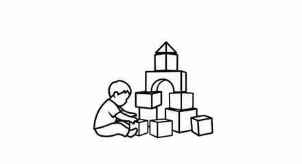 Fototapeta premium A child sits on the floor building a tower with blocks