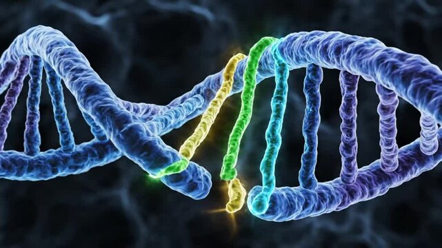 DNA strands unwinding and splitting with glowing color in a dynamic biological transformation
