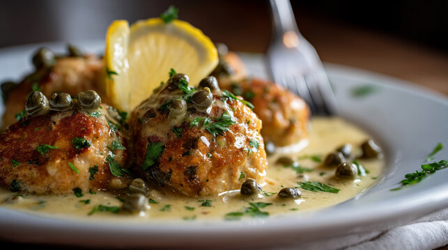 A delicious plate of chicken piccata with lemon and capers