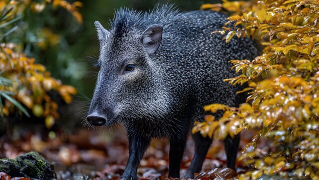 Collared Peccary in Autumn Forest - Wild Pig Portrait